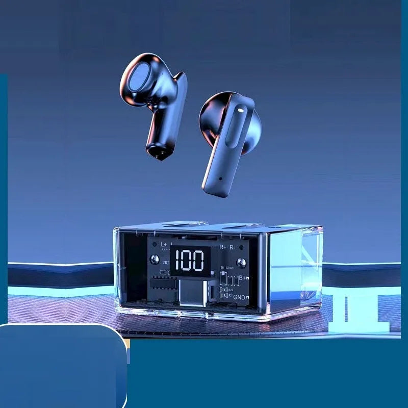 Transparent space capsule case Bluetooth earphones with digital display screen in six colour options