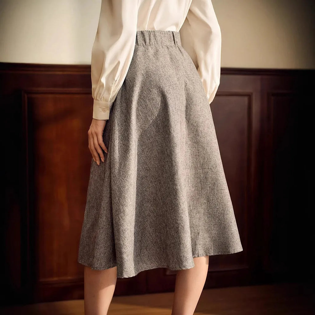 Khaki high-waisted A-line skirt with three-dimensional decoration, mid-length, polyester fabric, women's commute wear