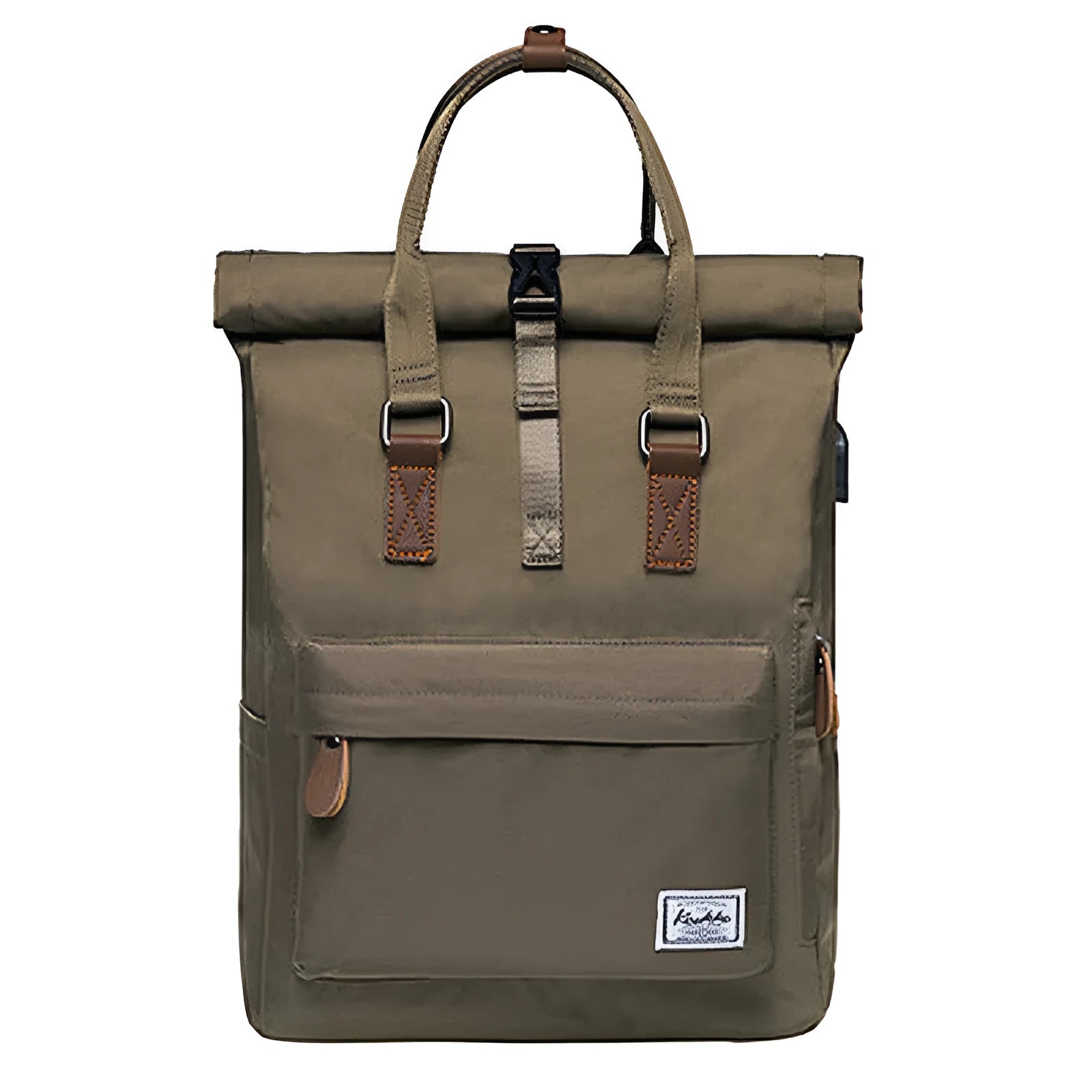 Casual black polyester backpack with a cover flap, showing internal computer pocket and zipper pocket.