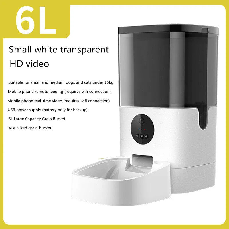 White smart pet automatic feeder with 6 litre capacity, stainless steel tray, and digital timer on a kitchen counter