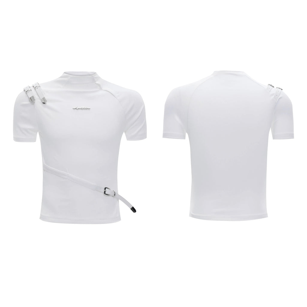 Men's slim fit black cotton T-shirt with a metal belt design on the front.