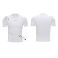 Men's slim fit black cotton T-shirt with a metal belt design on the front.