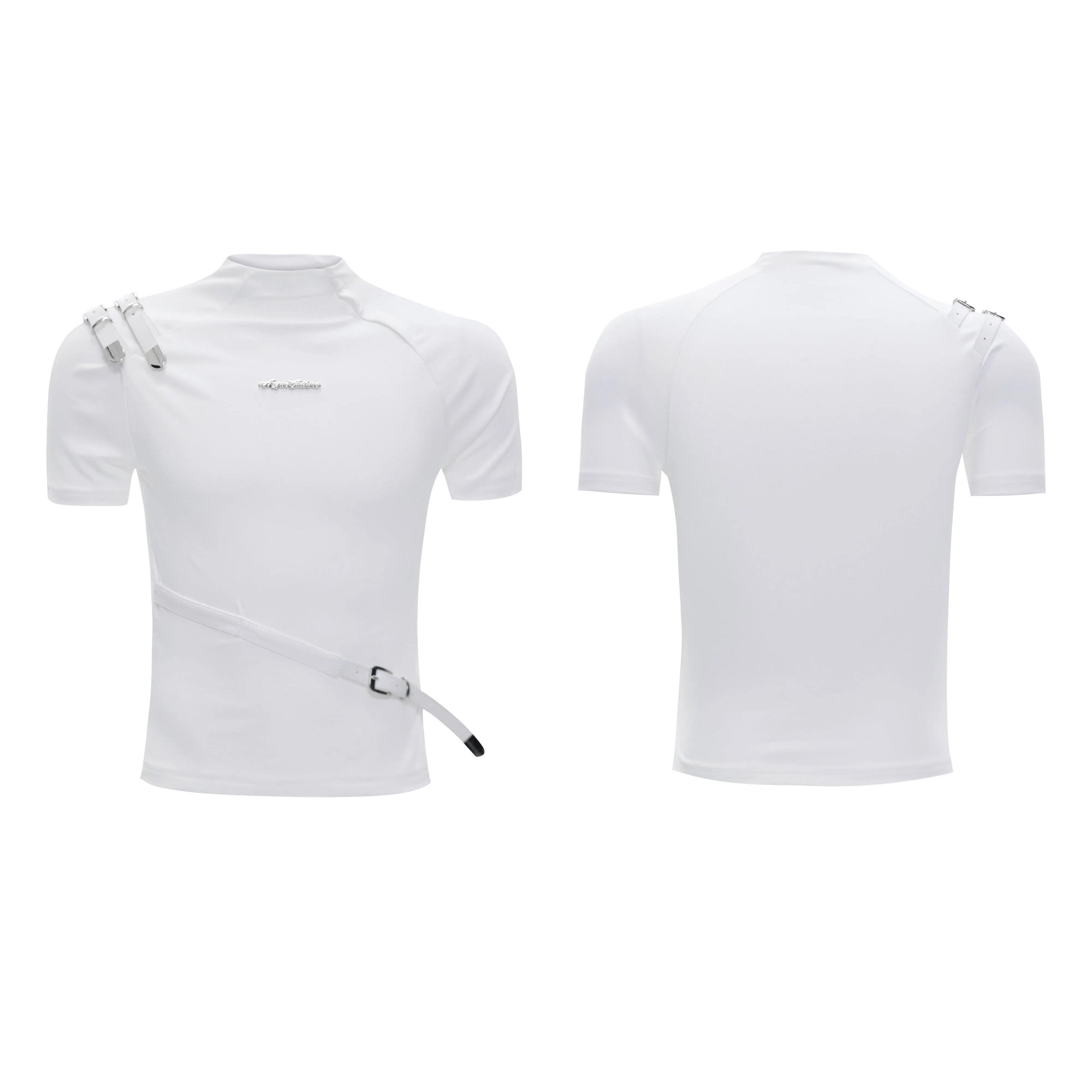 Men's slim fit black cotton T-shirt with a metal belt design on the front.