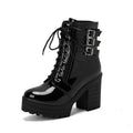 Women's black casual lace-up ankle boots with a chunky heel and thick rubber sole.