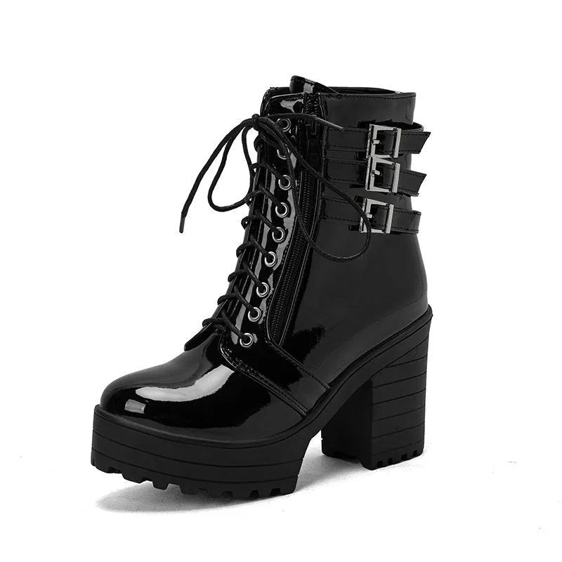 Women's black casual lace-up ankle boots with a chunky heel and thick rubber sole.