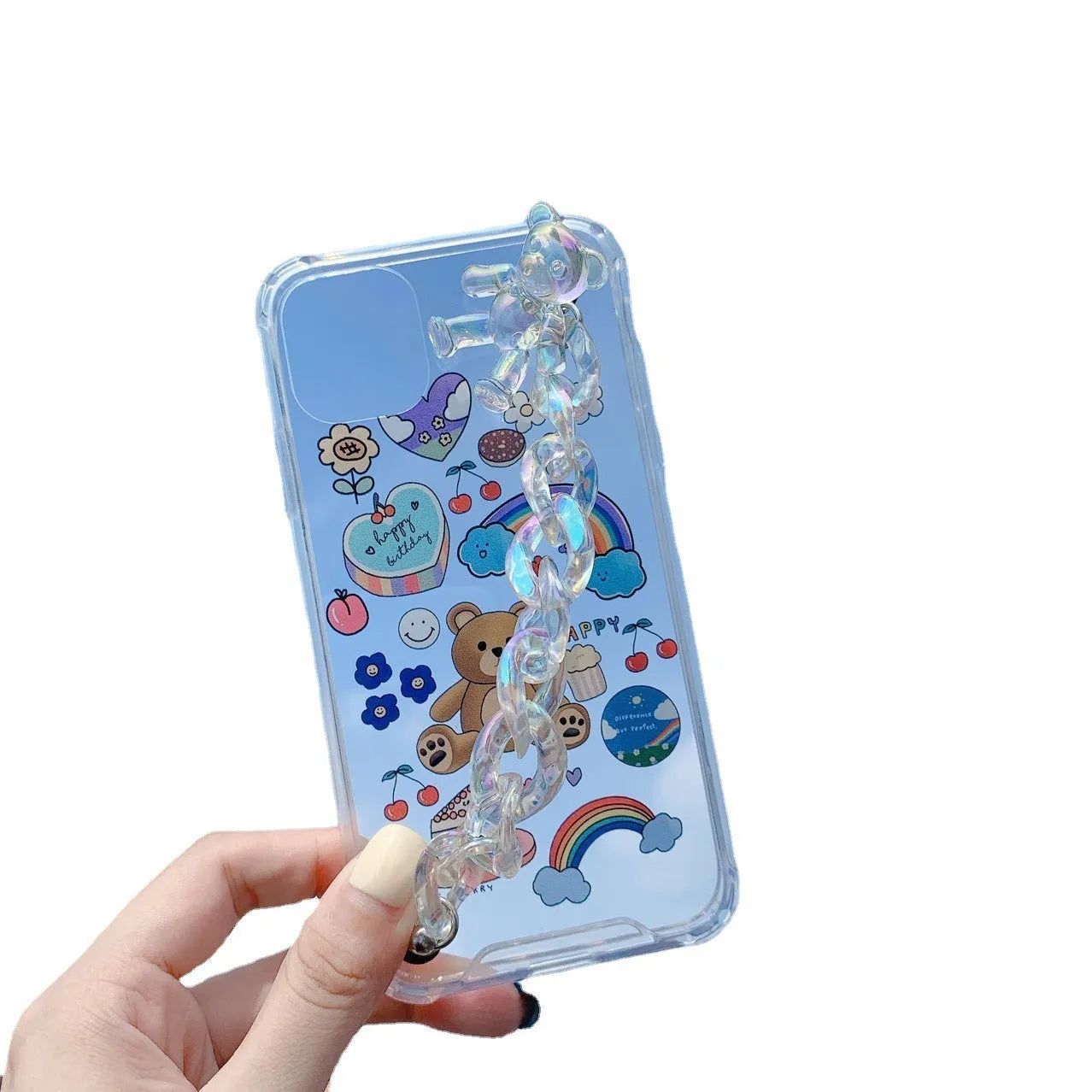 Bear chain charm on a TPU protective case for iPhone, featuring a Japanese Korean cartoon style design.