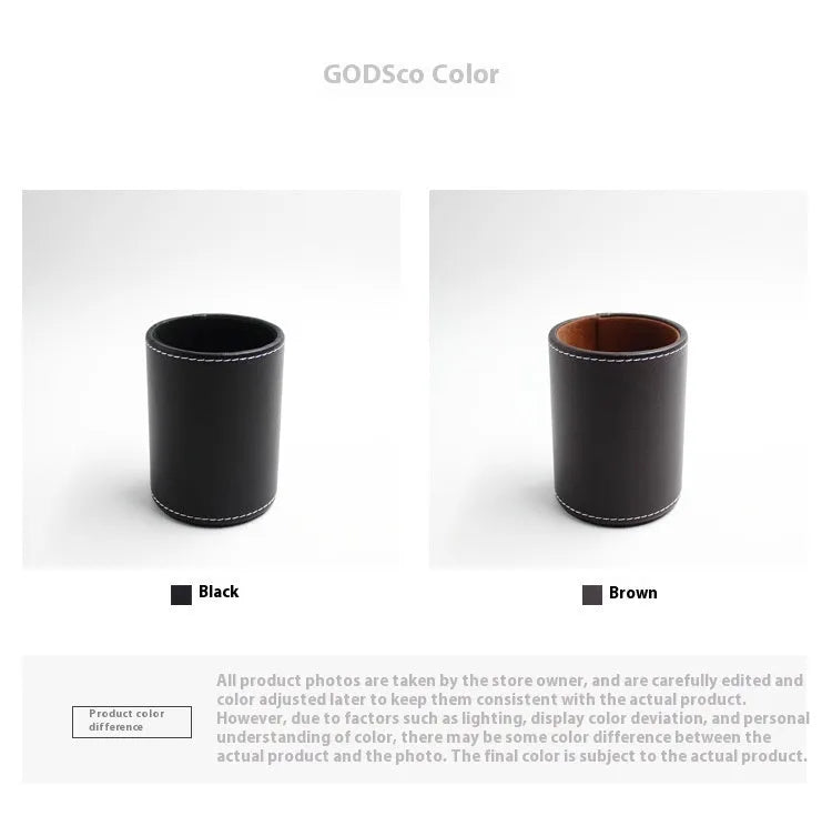 Small round black leather pen holder container showing cylindrical shape and compact dimensions
