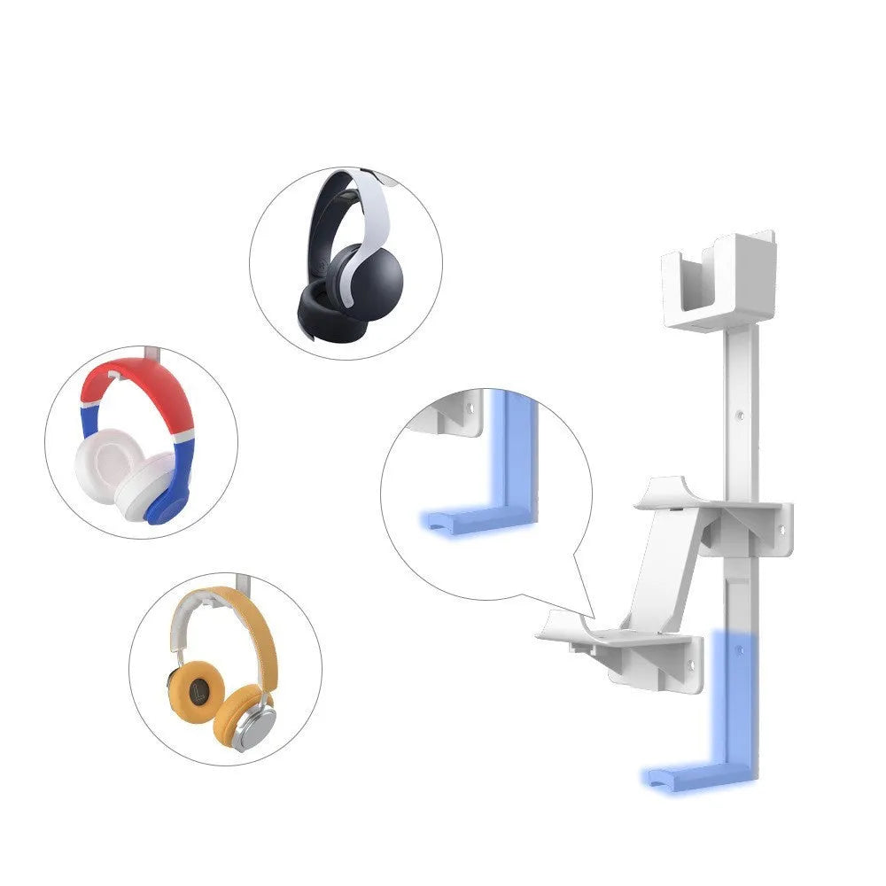 White and black wall-mounted hooks for storing gaming remote controls and controllers