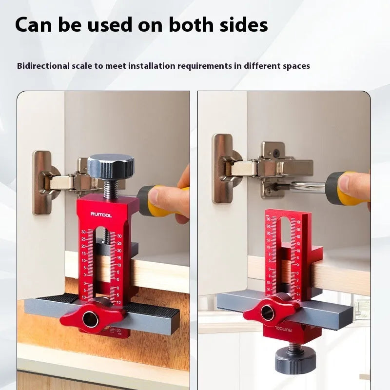 Aluminium alloy cabinet door installation aid with diamond-shaped 10mm guide plates for woodworking.