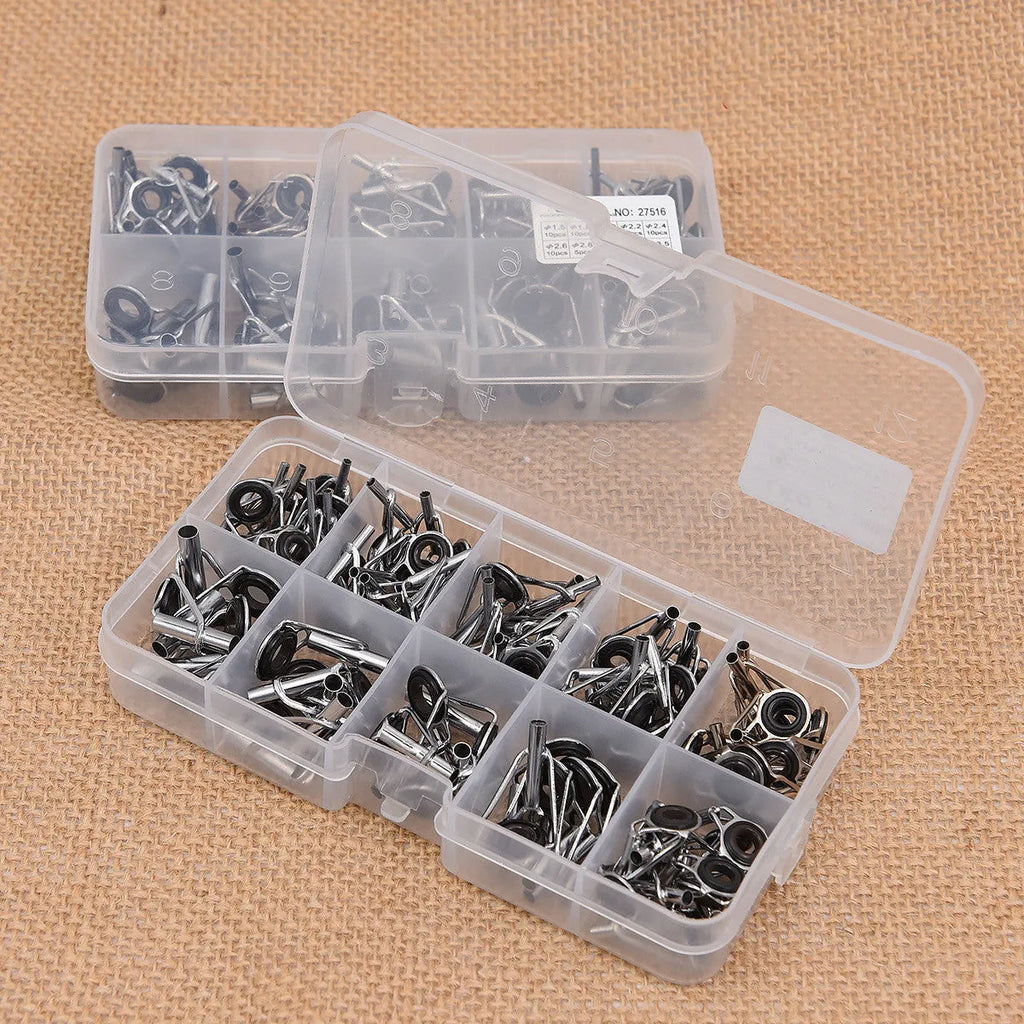 Boxed set of 80 alloy sea fishing rod slightly guide rings in colour-coded compartments