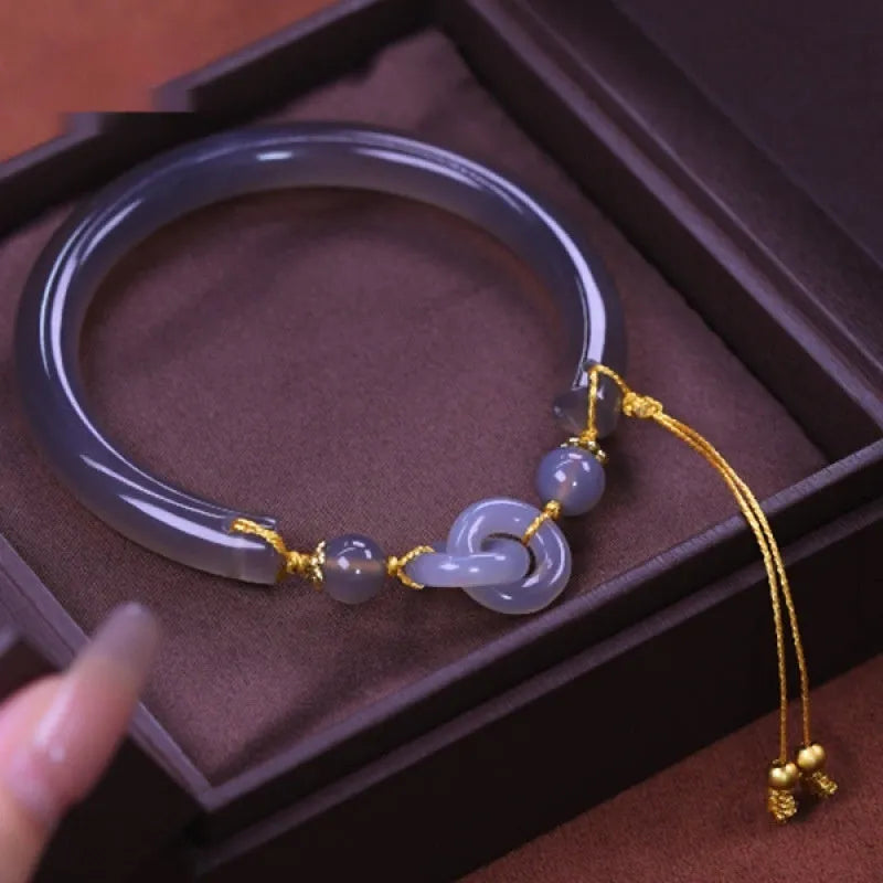 Smoke purple grey agate bracelet with ring buckle closure on wrist