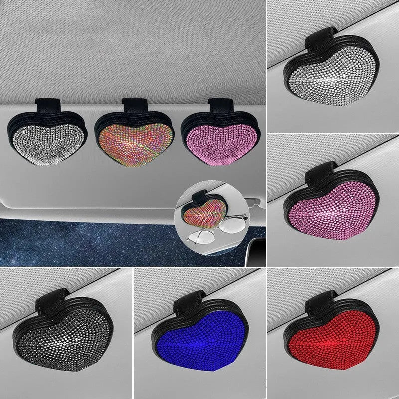 Black PU leather car sun visor clip with diamond accents holding sunglasses and a ticket.