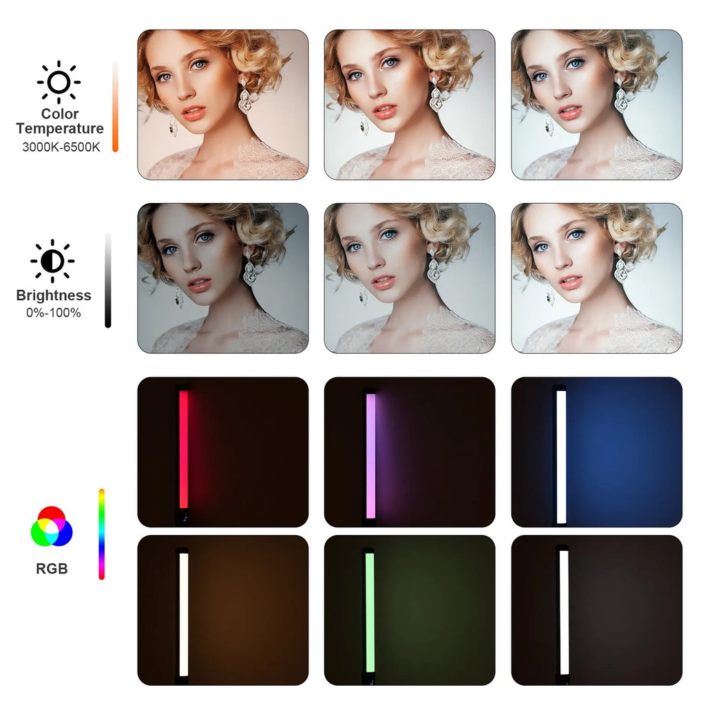 Handheld LED photography light stick showing adjustable colour temperature and a 1/4 inch tripod mount thread.