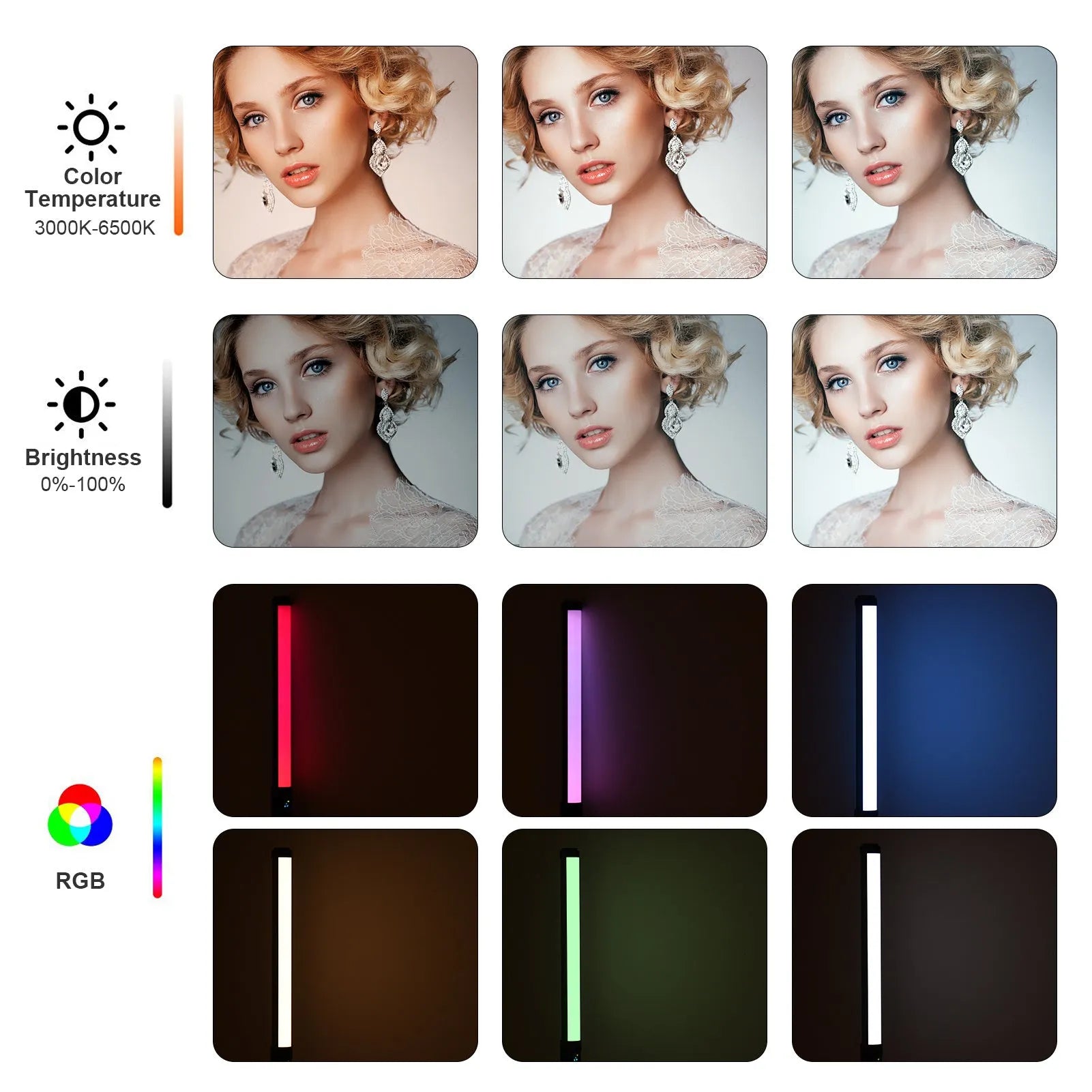 Handheld LED photography light stick showing adjustable colour temperature and a 1/4 inch tripod mount thread.