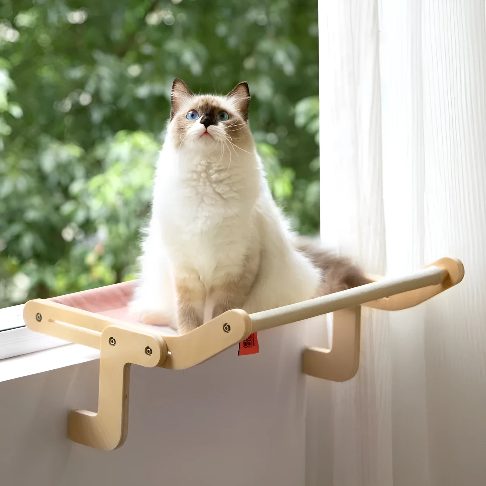 Cat window hammock with multi-layer plywood frame, pure cotton canvas, and 304 stainless steel hardware