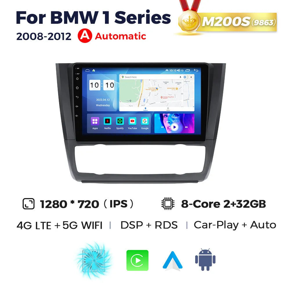 9-inch Android car navigation touchscreen unit for BMW E87 vehicle dashboard.