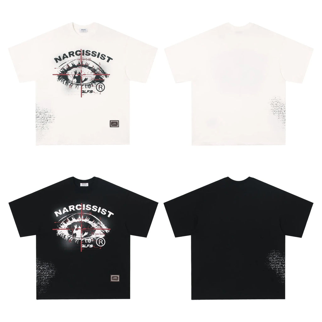 White retro hip hop letter print cotton t-shirt on hanger
