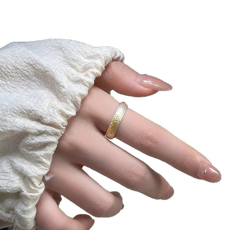 Geometric open mouth ring with Xiangyun pattern in silver gold electroplated finish