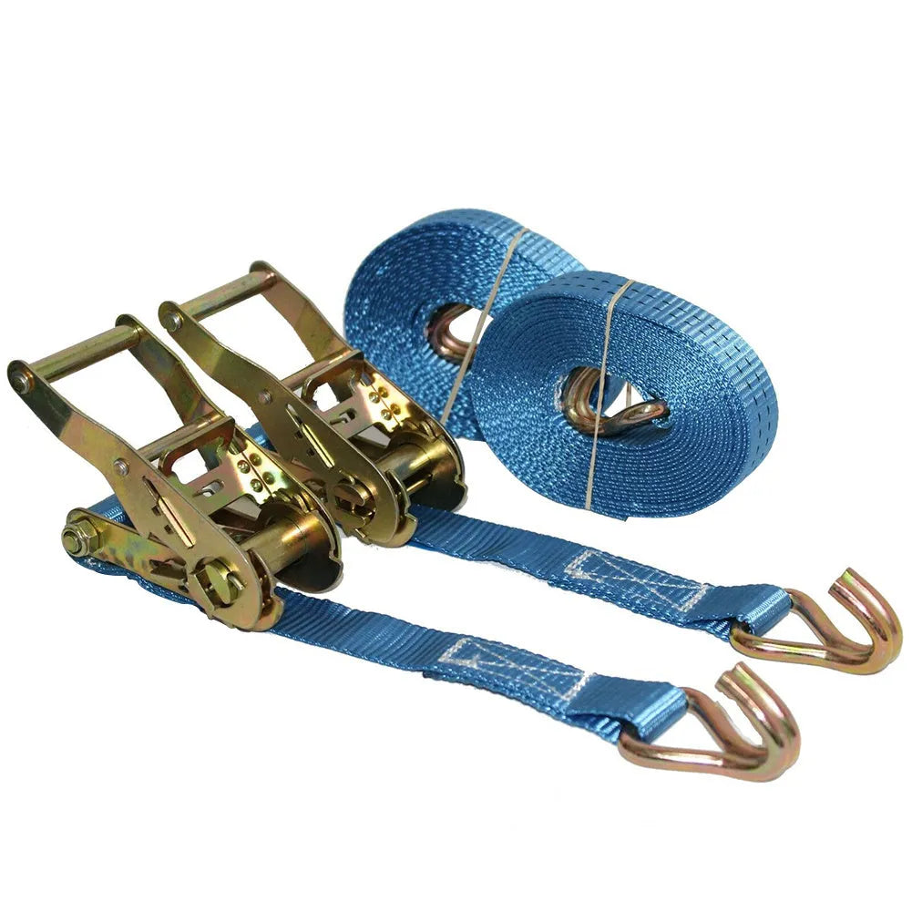 Steel ratchet tensioner with double hooks on a grey polyester fastening strap for cargo binding