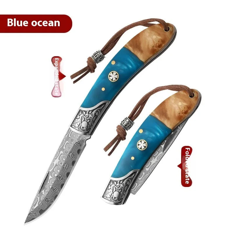 VG10 stainless steel folding pocket knife with a blue dovetail pattern handle.