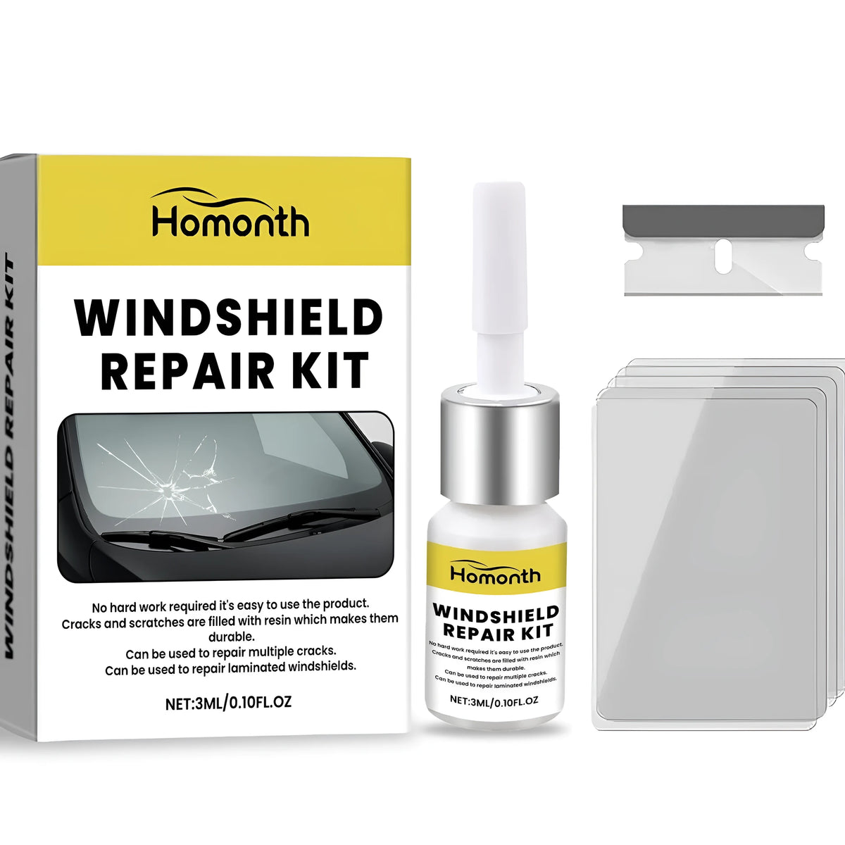HOMONTH windshield repair kit with 3ml adhesive bottle, blade, and five cured films
