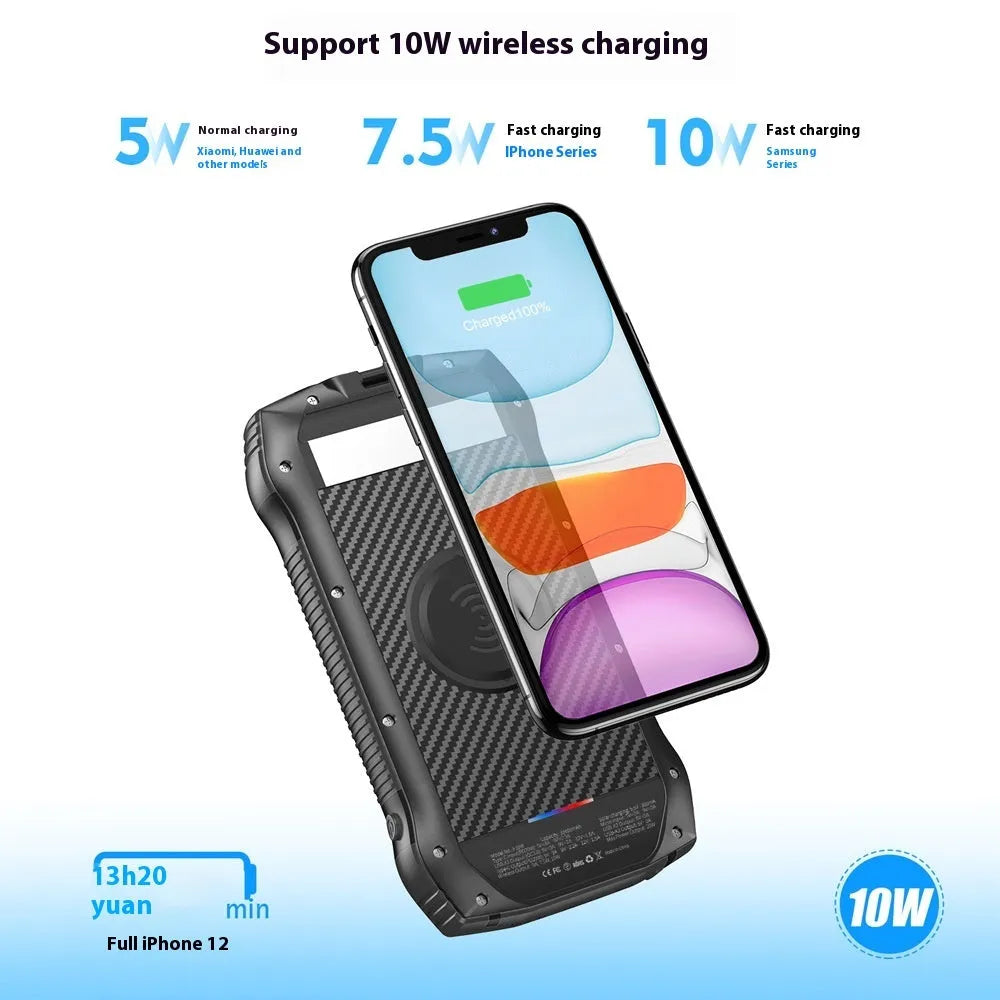 33500mAh portable solar power bank in black with plastic shell and LED light