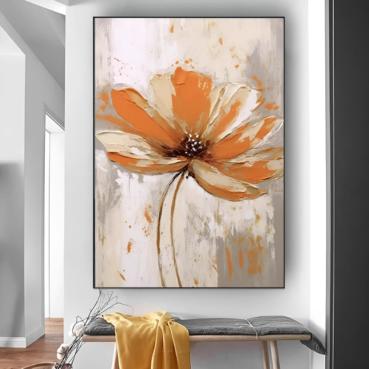 Handmade orange flower oil painting on canvas, modern abstract vertical wall art, frameless and unstretched