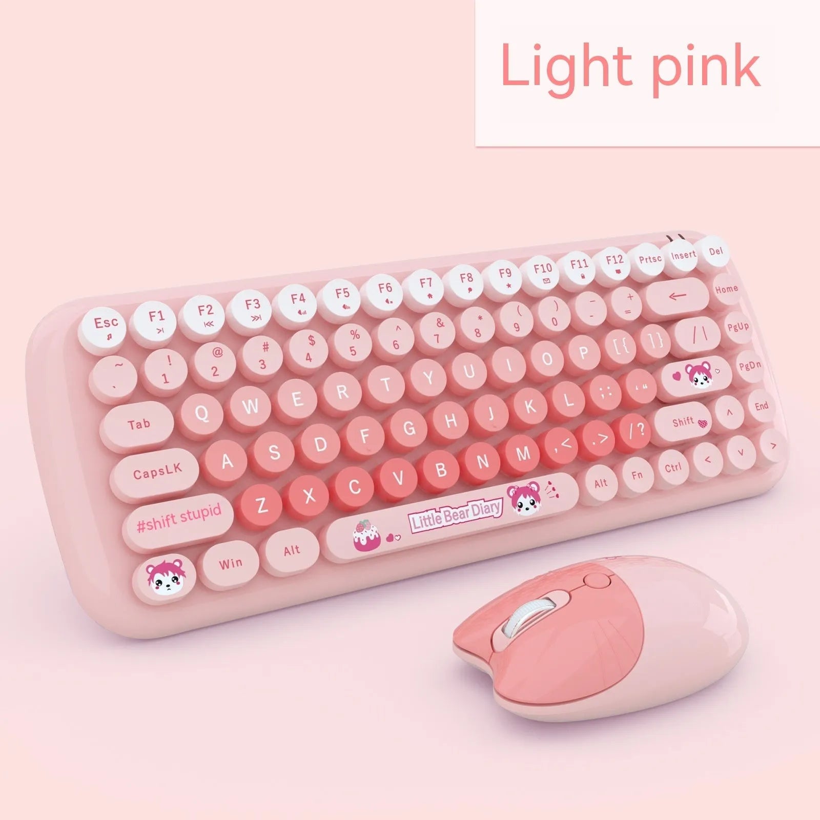 Candy Pink wireless keyboard and mouse set on a desk, showing compact size and USB receiver.
