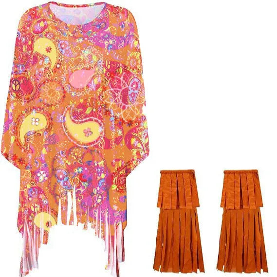 Colourful tie dye printed cloak costume with sleeveless bell sleeves on a mannequin