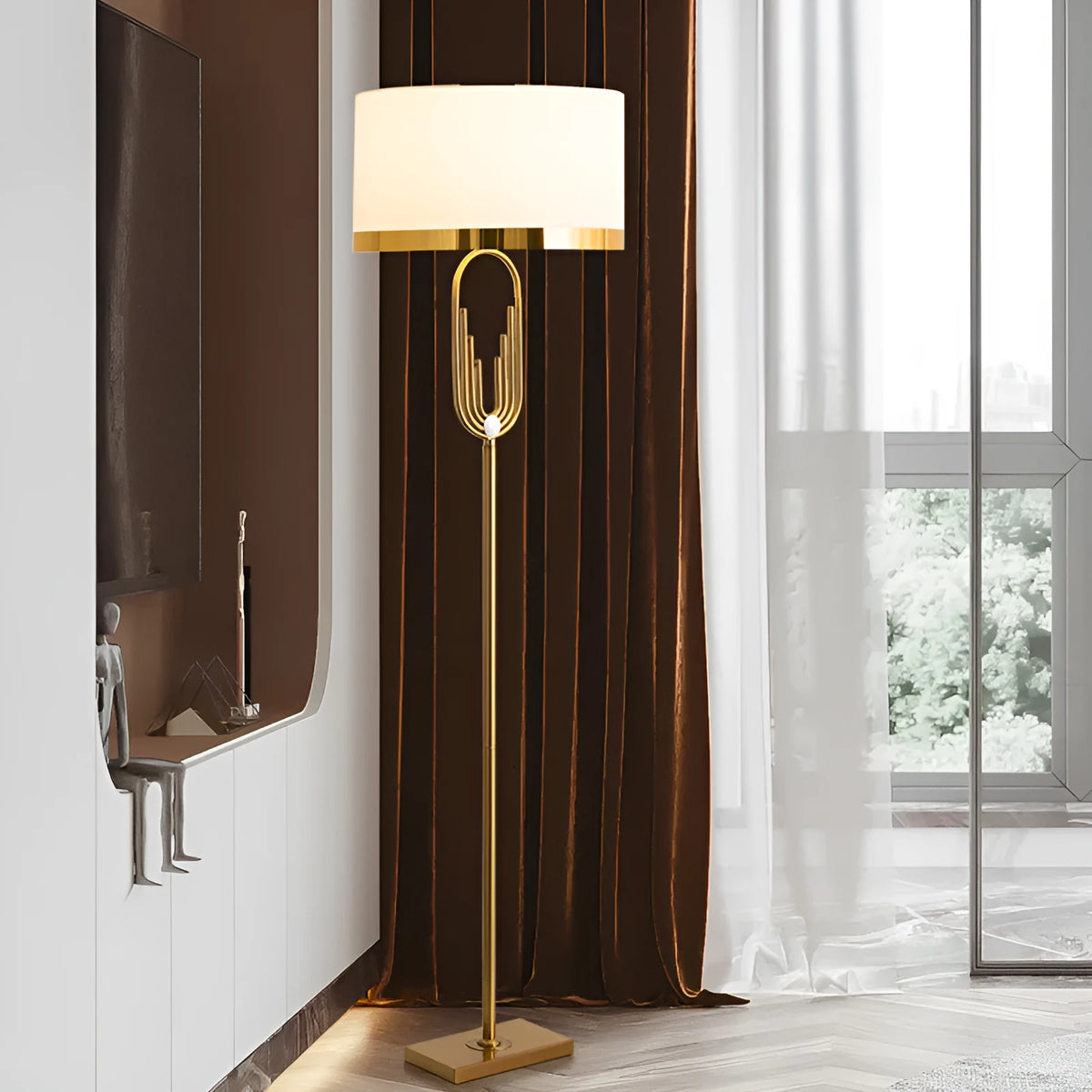 Modern vertical fabric floor lamp with adjustable height and remote control, 165cm tall, next to a desk