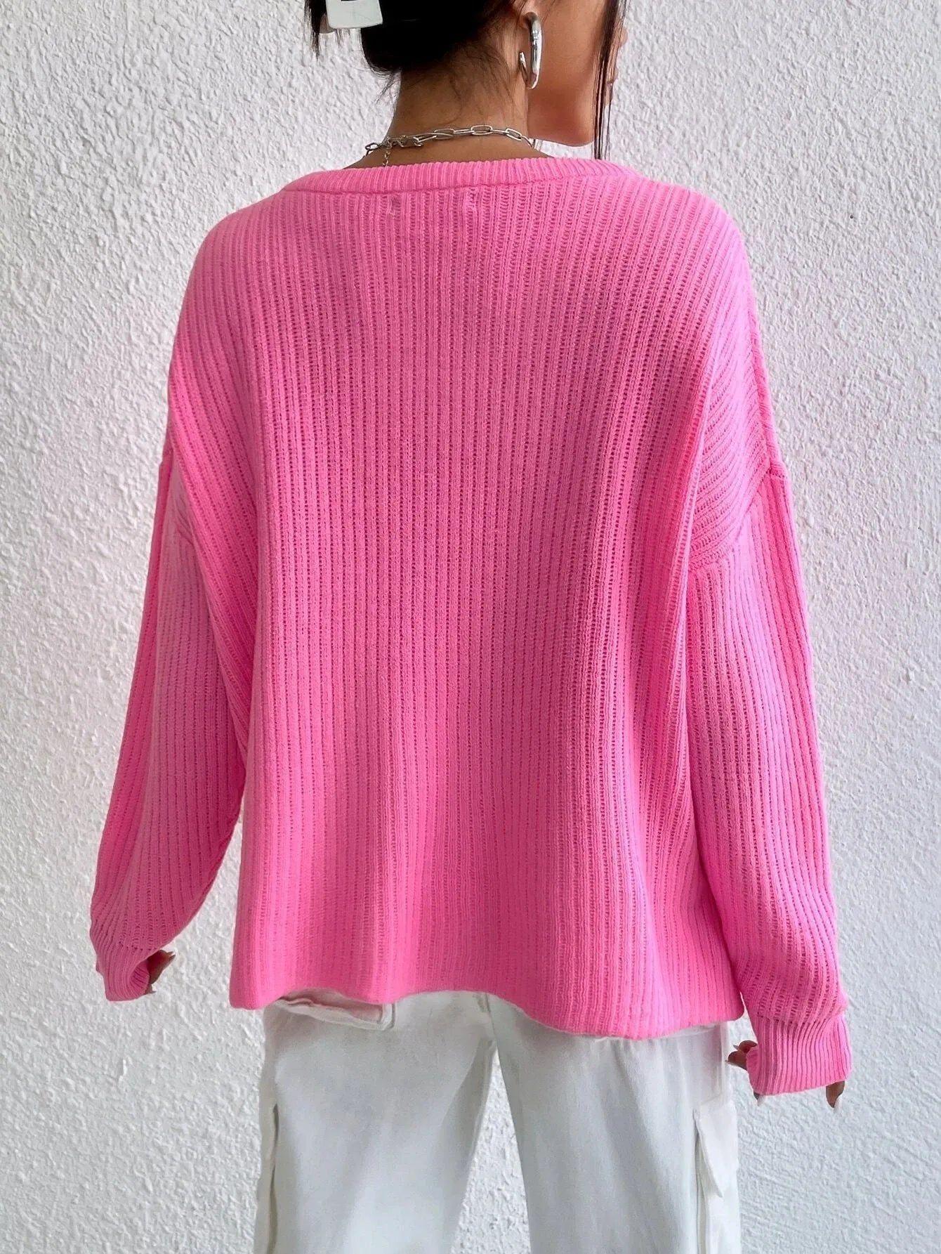 Women's solid colour V-neck loose fit long sleeve pullover sweater in rose red macaron colour