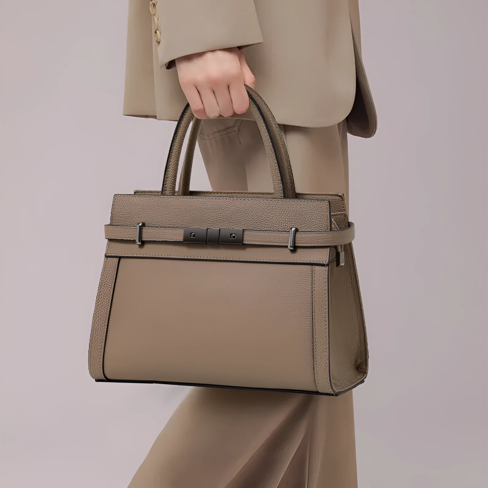 A structured square genuine leather women's crossbody bag in black, shown open to reveal internal organiser pockets.