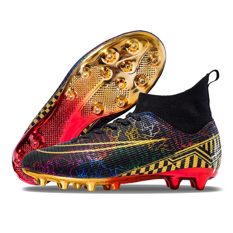 Men's high-top synthetic leather soccer shoes with a gold-plated sole, shown in mandarin duck colour with lace-up front.