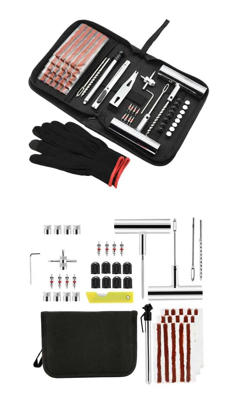 Quick First Aid cloth bag containing a 43-piece steel tyre repair tool kit for bicycles and motorbikes.