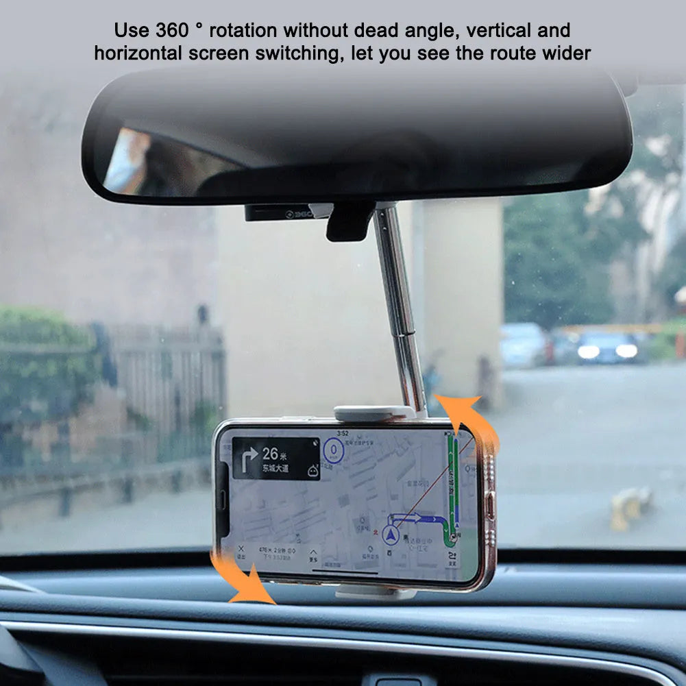 Black ABS car rearview mirror phone holder with 360-degree rotation mounted on a car mirror
