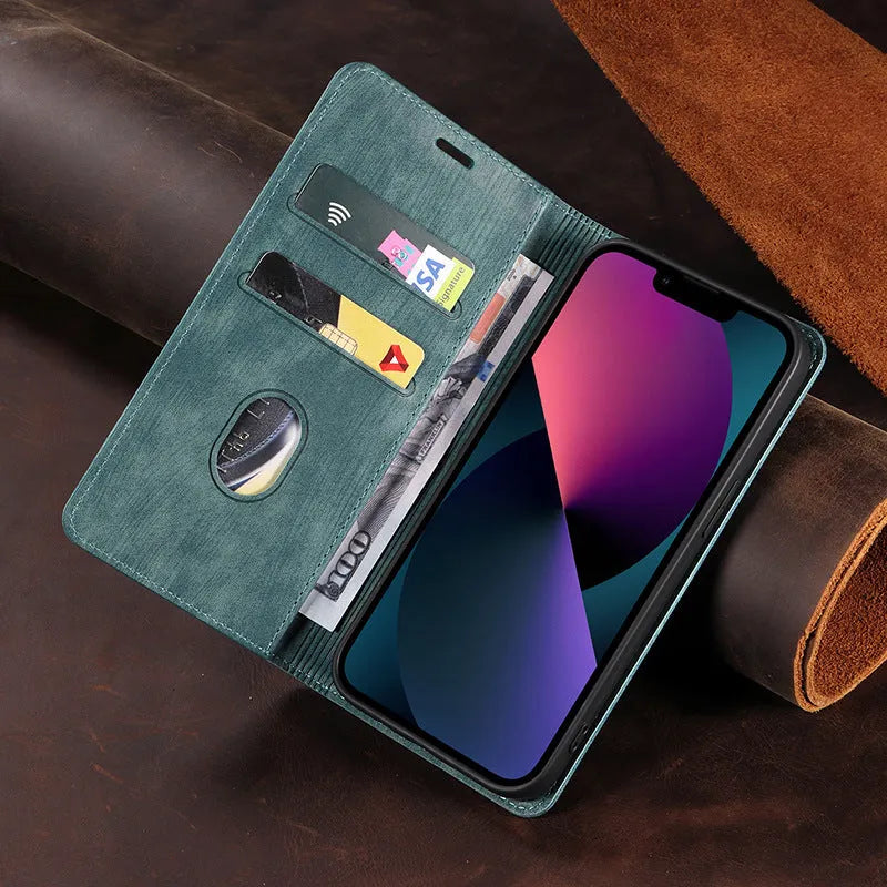 Magnetic flip leather phone case for iPhone in various colours, showing front and back views.