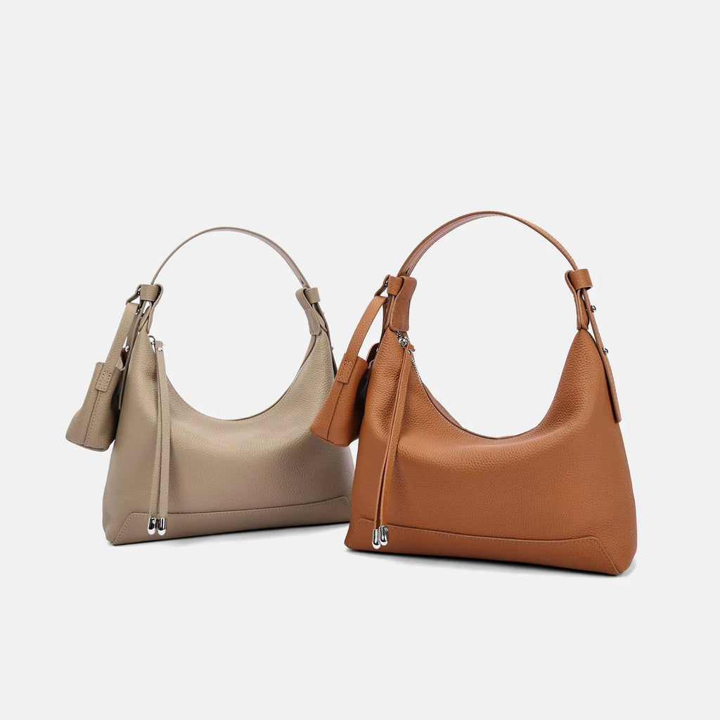 Genuine cowhide leather ladies shoulder bag in urban simplicity style with sewing thread detail