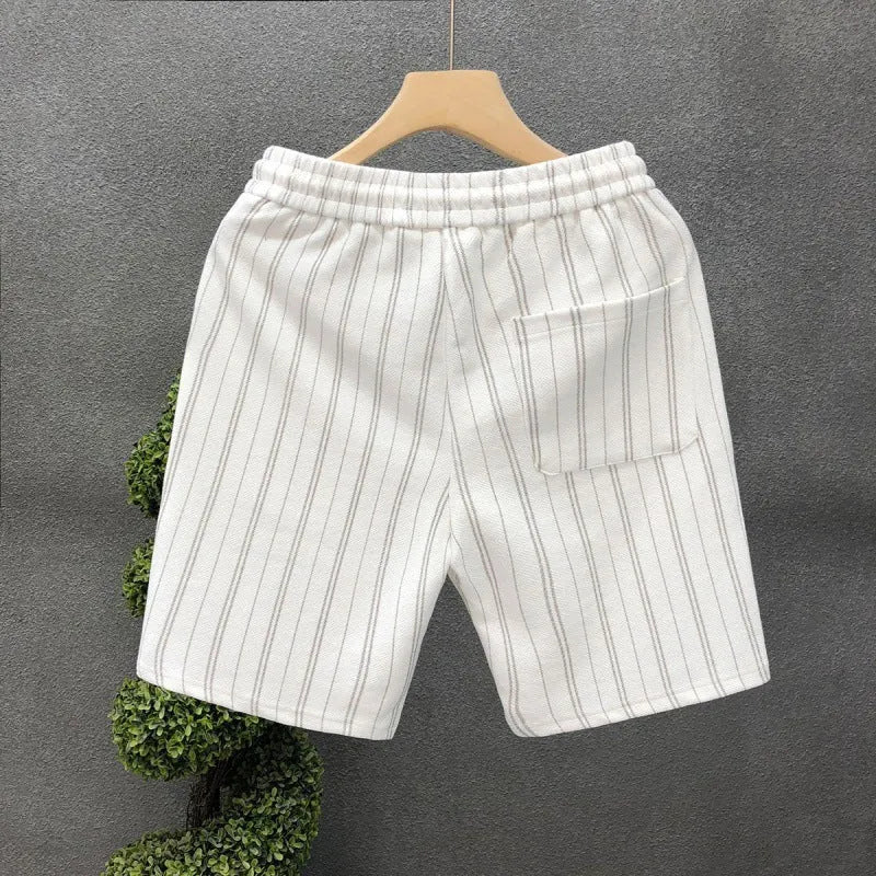 Men's black and white striped fleece-lined casual shorts with straight leg and ankle banded design