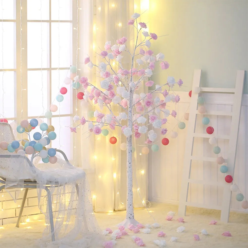 60cm Christmas Rose Shining Tree Lamp with pink and white rose flowers, USB battery dual-use
