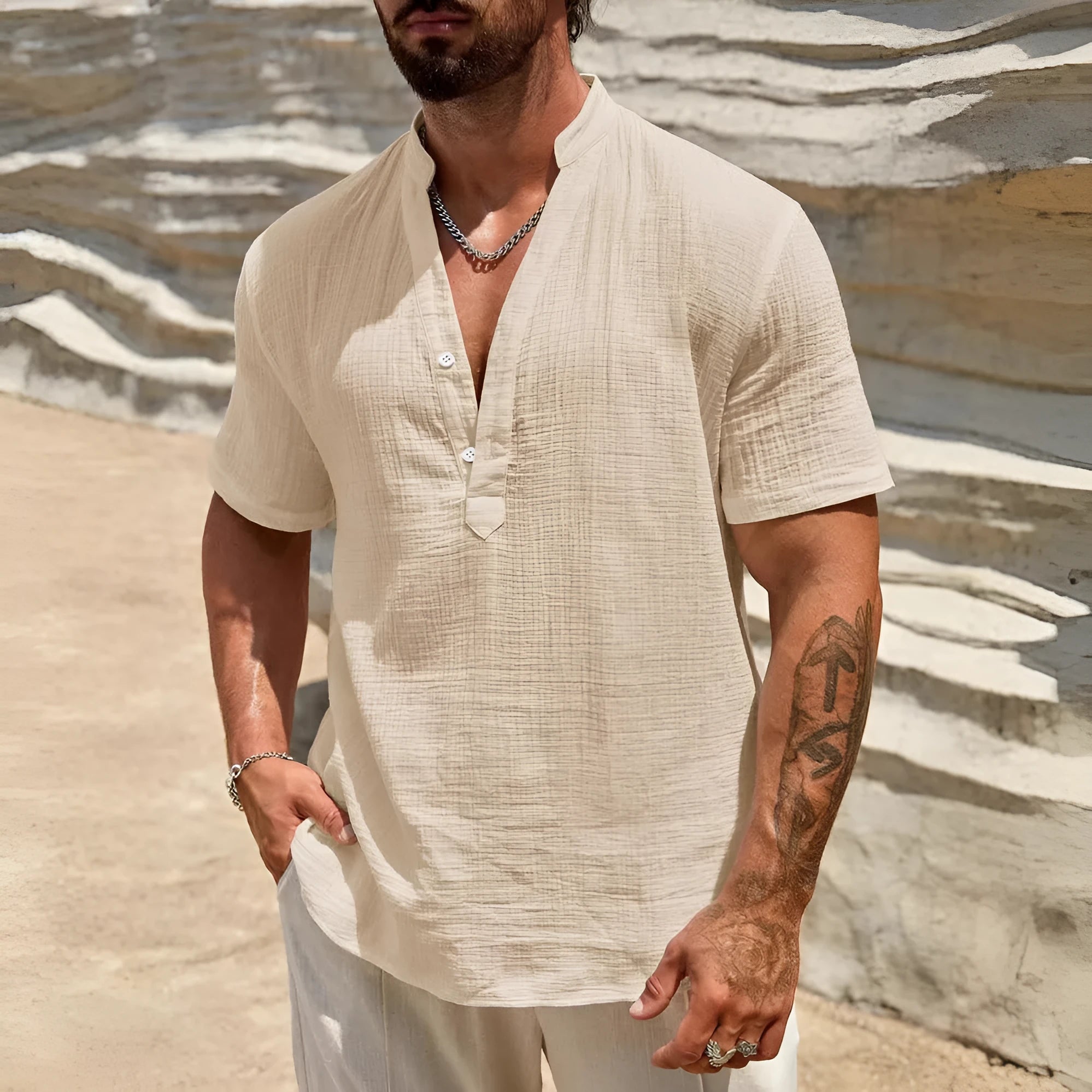 Men's solid colour stand collar short-sleeved shirt in a lightweight fabric.