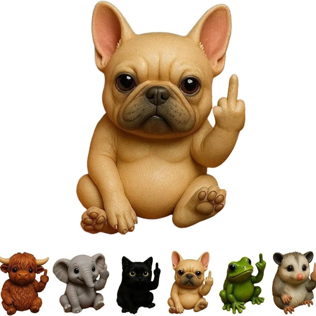 Mini plastic resin animal vertical middle finger doll ornament in one of seven animal styles.