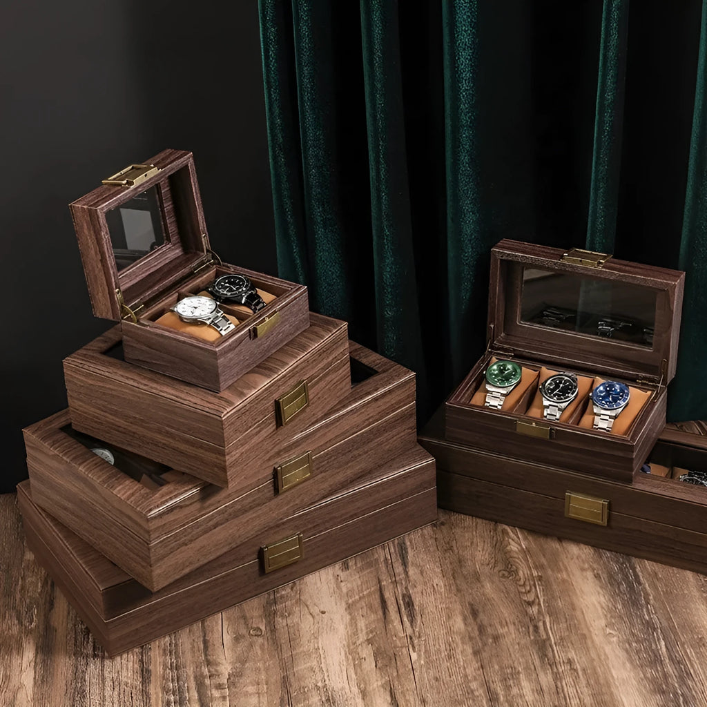Household portable retro wood grain PU leather watch storage box with soft pillows, MDF shell, and glass finish