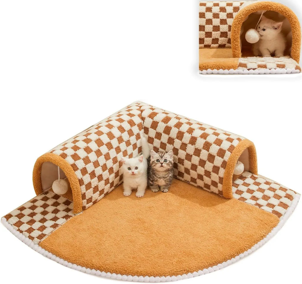 Brown and yellow plaid plush cat tunnel bed with central mat and non-slip bottom.