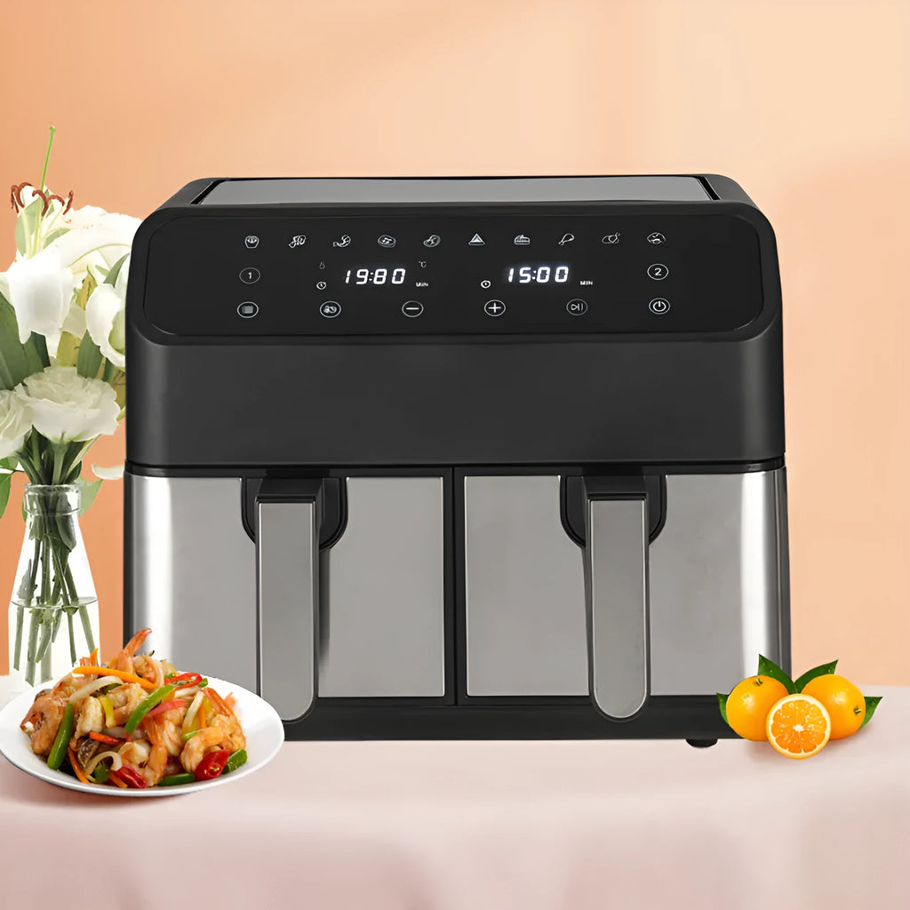 8L stainless steel dual basket air fryer with touch screen control panel, two separate 4L baskets, 2300W