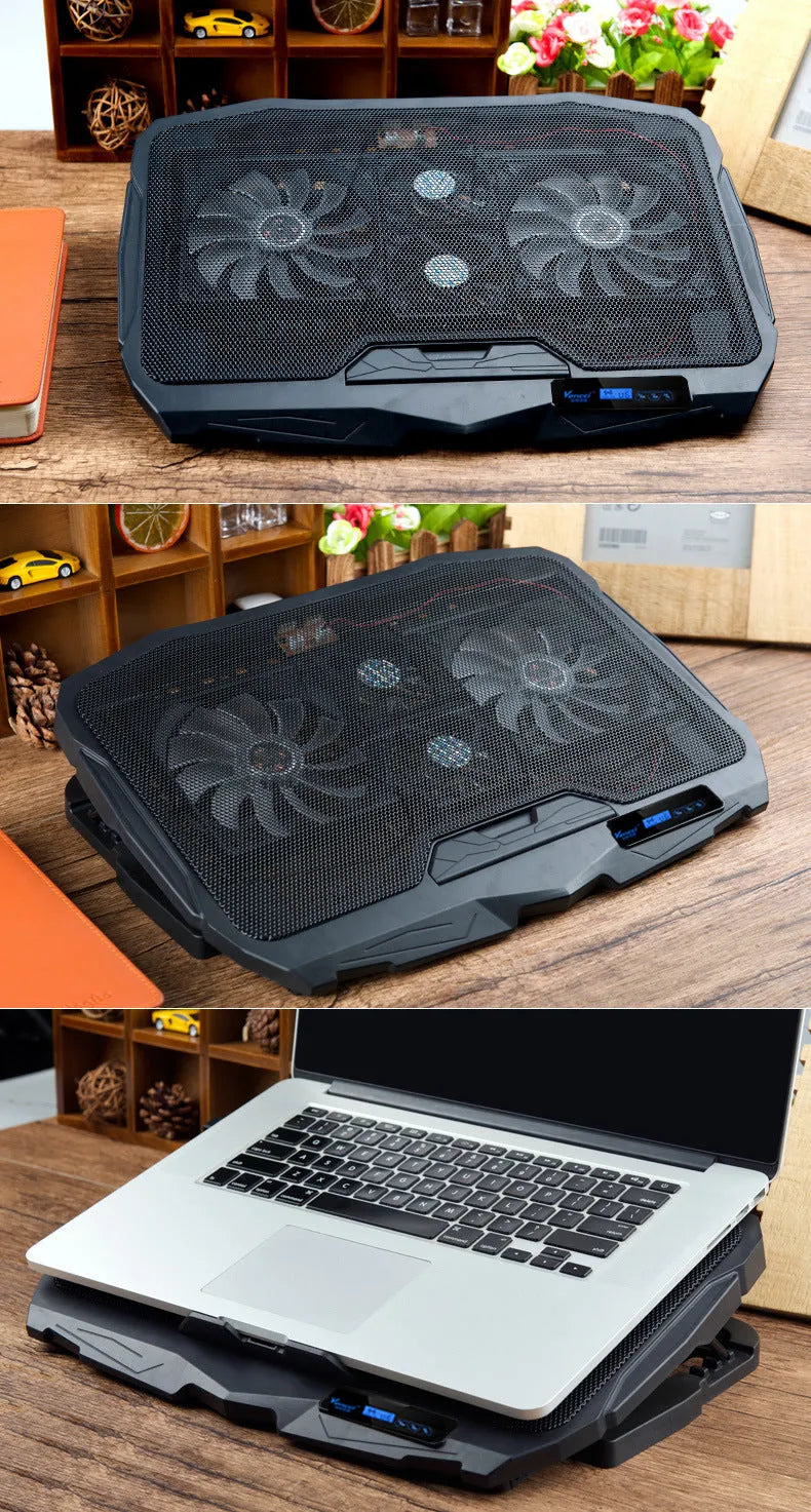 Black universal laptop cooling stand with heat sink plate, copper heat pipes and dual USB fans