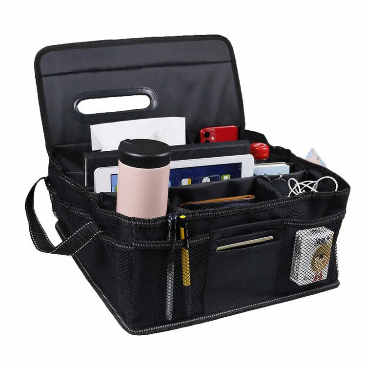 Black collapsible Oxford cloth storage box for car boot organisation, dimensions 33cm x 33cm x 16cm.