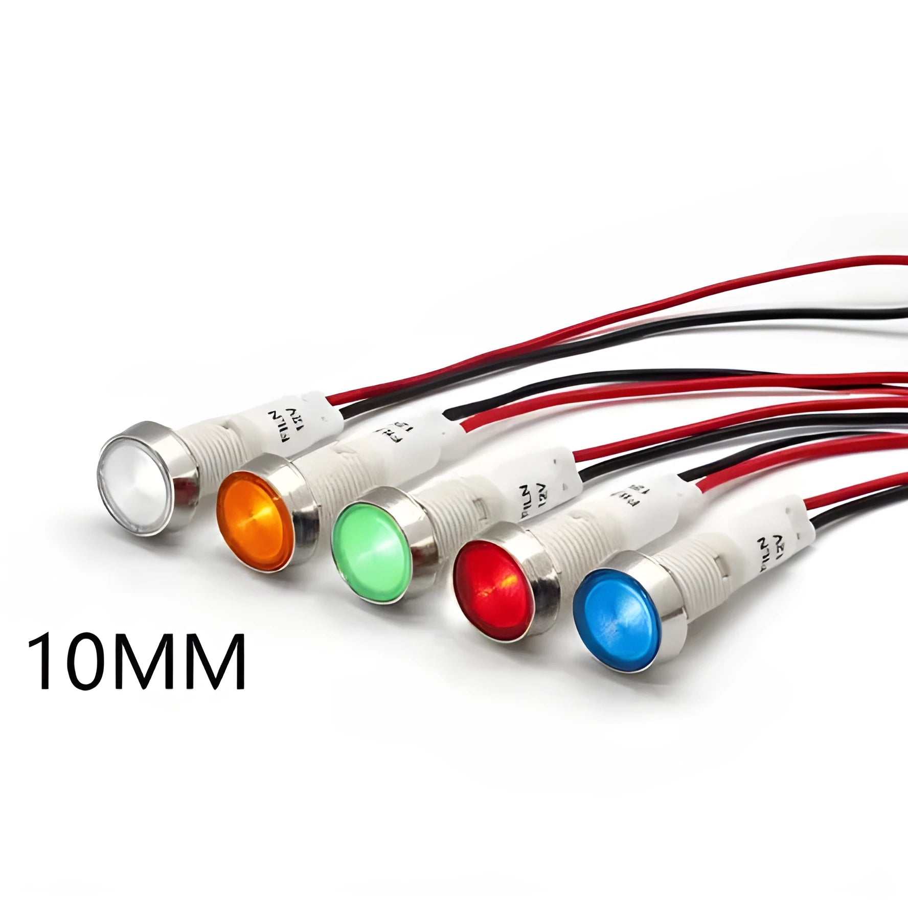 10mm stainless steel edge plastic indicator light with wire and flat metal end in multiple colours.