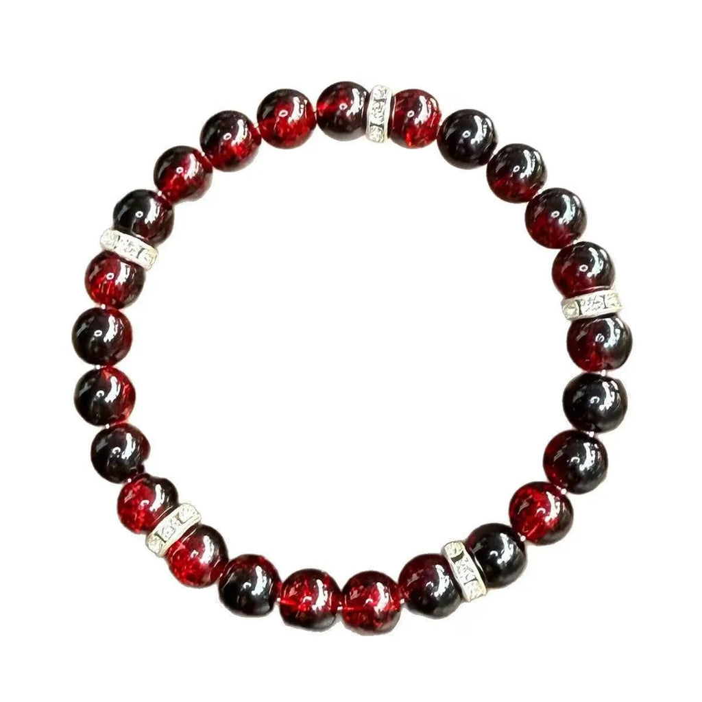 Red artificial crystal beaded handmade elastic bracelet with 8mm beads and 18cm length