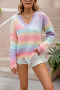 Pink rainbow gradient loose fit knitted sweater with tassel trim detail
