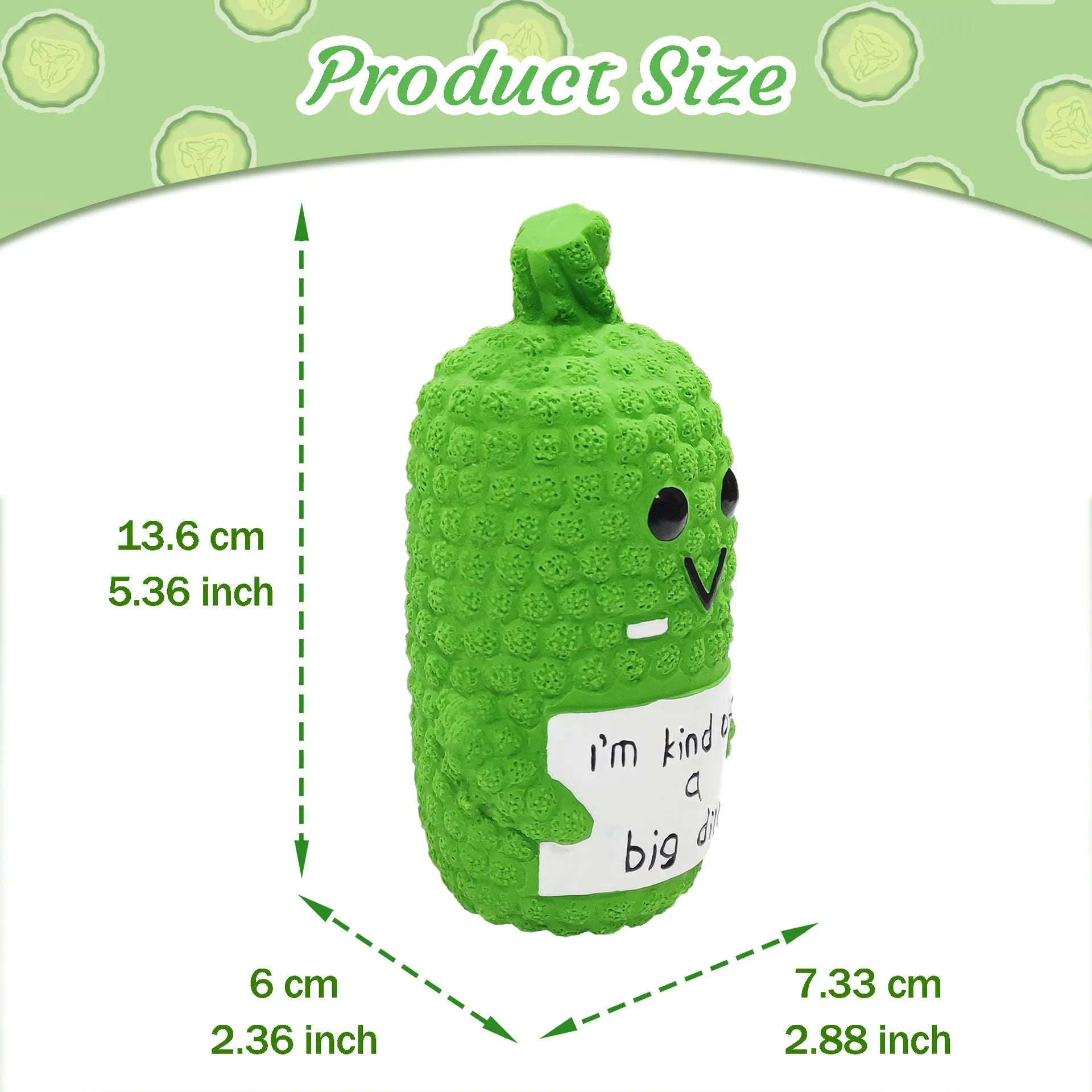 Green pickle-shaped squeaky dog chew toy with textured nubs on a white background.